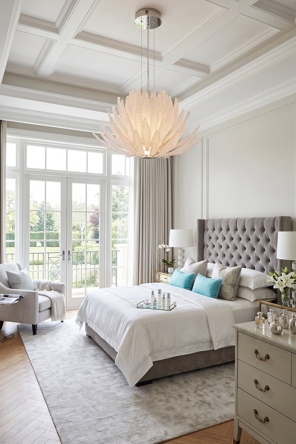 Helios Agave Glass Starburst Chandelier | Glass, Metal | Positioned as statement central lighting in a large, light-filled bedroom with a tufted bed | Samu Lamp