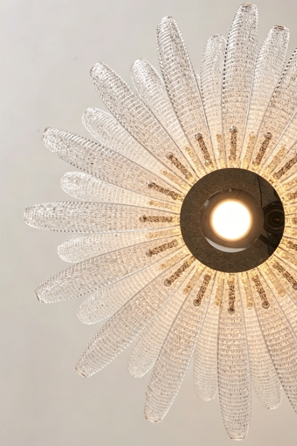 Helios Agave Glass Starburst Chandelier | Glass, Metal | Looking directly up at the unlit chandelier, displaying the radial pattern of the clear textured glass pieces | Detail shot | Samu Lamp