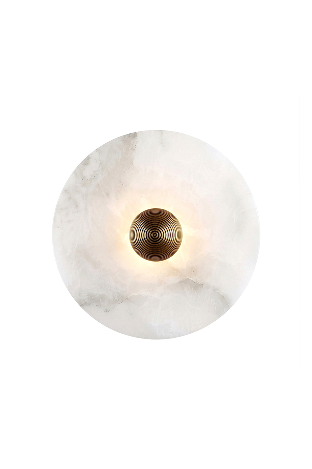 Round alabaster disc wall light with ribbed brass center | Brass | Alabaster | Lit front view on white background | Samu Lamp