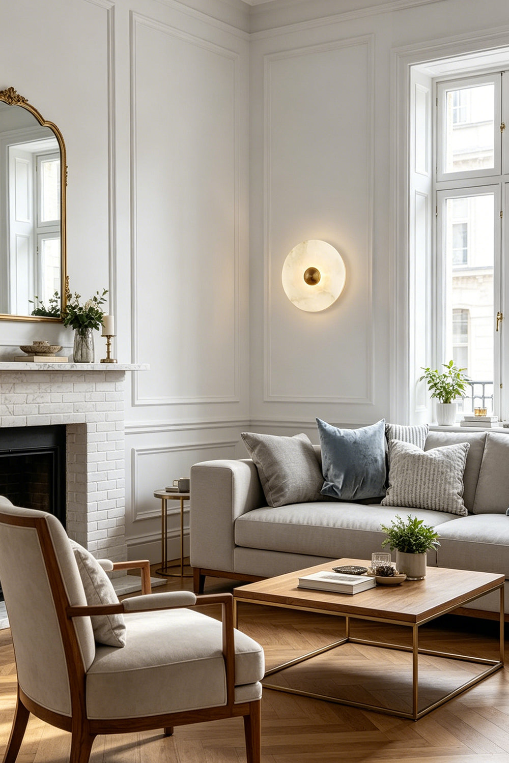 Minimalist round alabaster wall lamp | Brass | Alabaster | Mounted on a white wall in a bright traditional living room | Samu Lamp