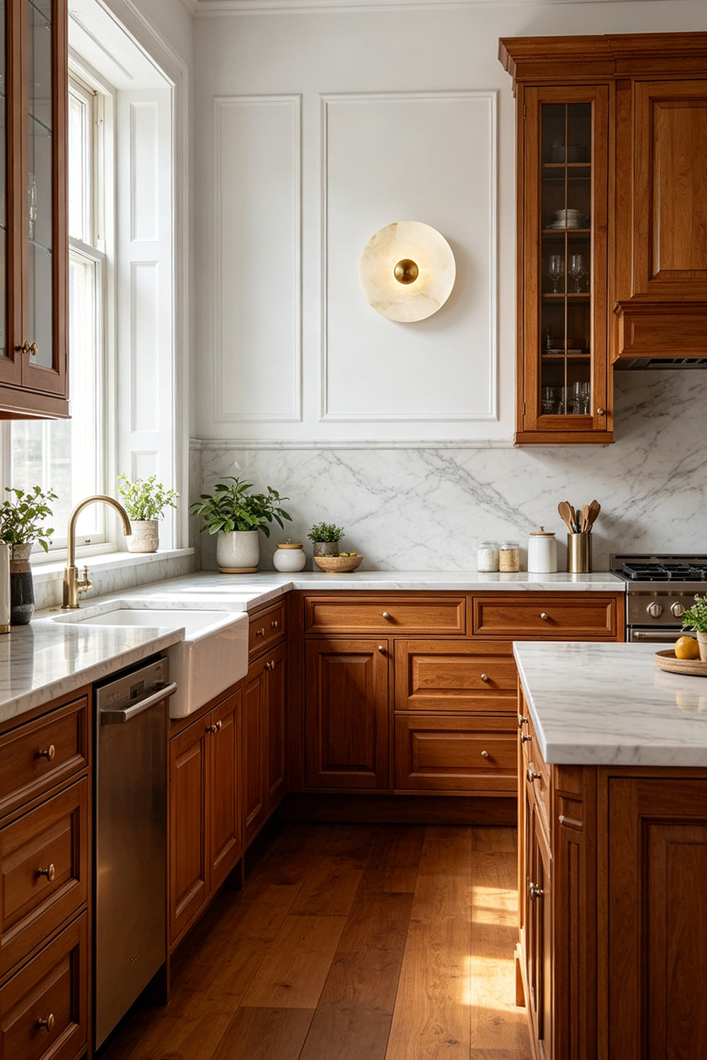 Alabaster disc wall light for kitchen | Brass | Alabaster | Mounted above a window in a traditional kitchen with wood cabinets | Samu Lamp