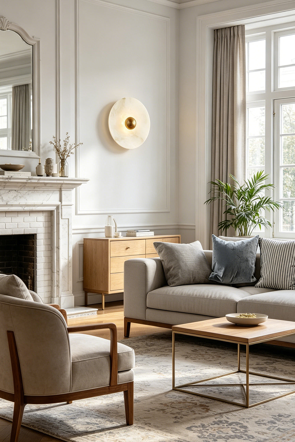 Elegant round alabaster disc wall sconce | Brass | Alabaster | Installed near a white fireplace in a classic interior | Samu Lamp