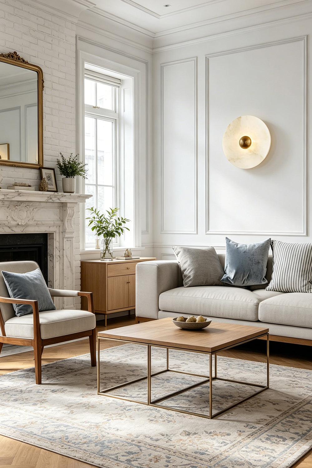 Soft-glow alabaster disc wall lamp | Brass | Alabaster | High-ceiling living room scene with wooden furniture | Samu Lamp