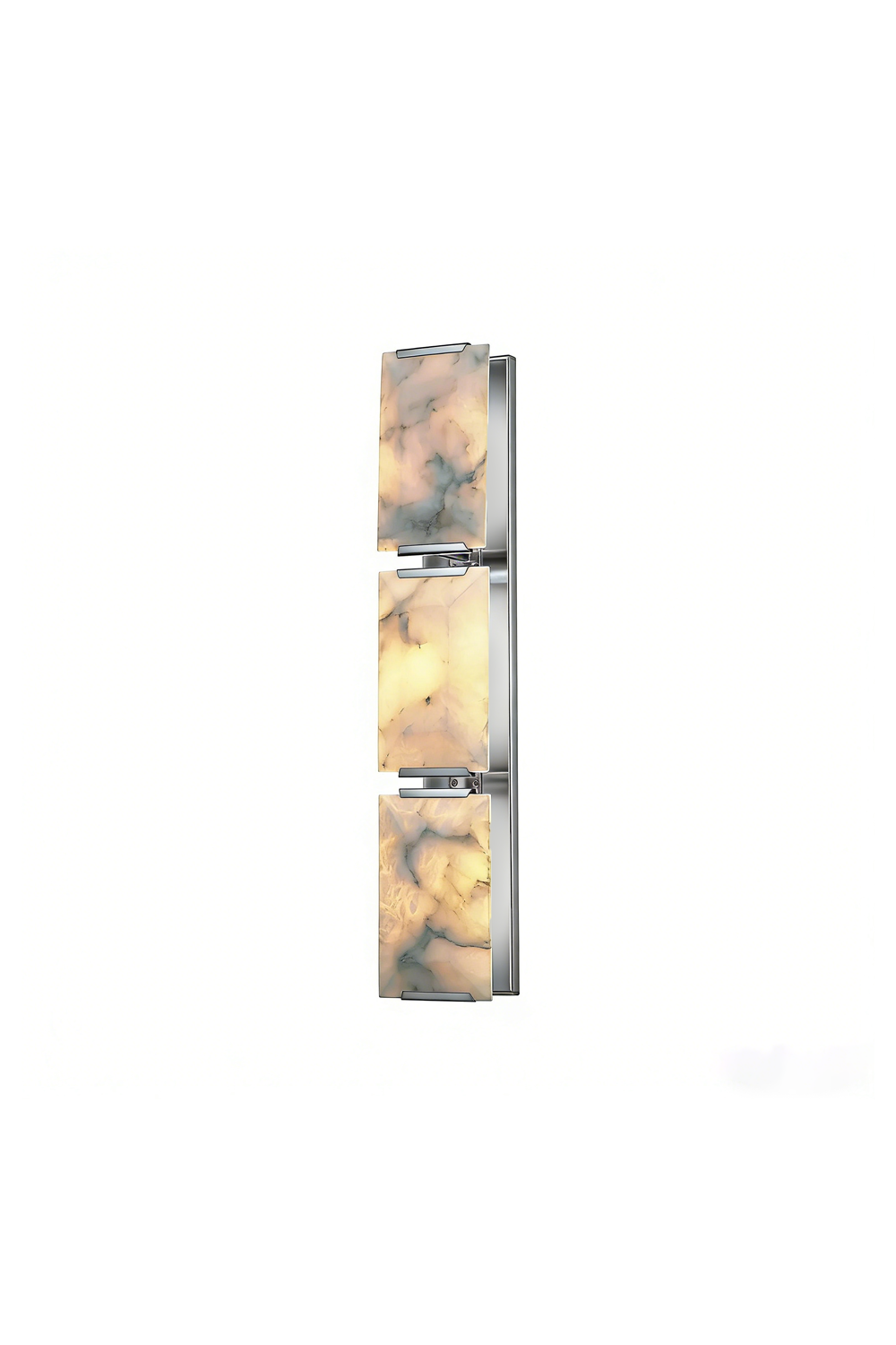 Lit 3-panel rectangular alabaster wall lamp with brass accents | Brass, Alabaster | Front view isolated on white background | Samu Lamp