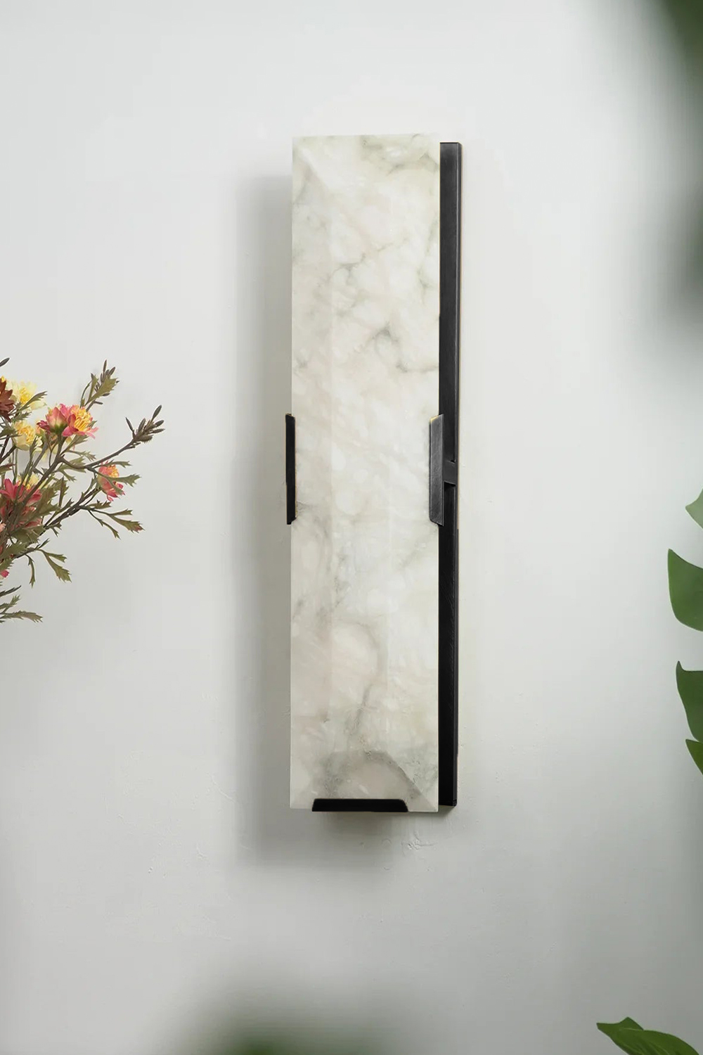 Unlit black-finish alabaster wall lamp | Metal, Alabaster | Detail view of stone texture and dark hardware | Samu Lamp
