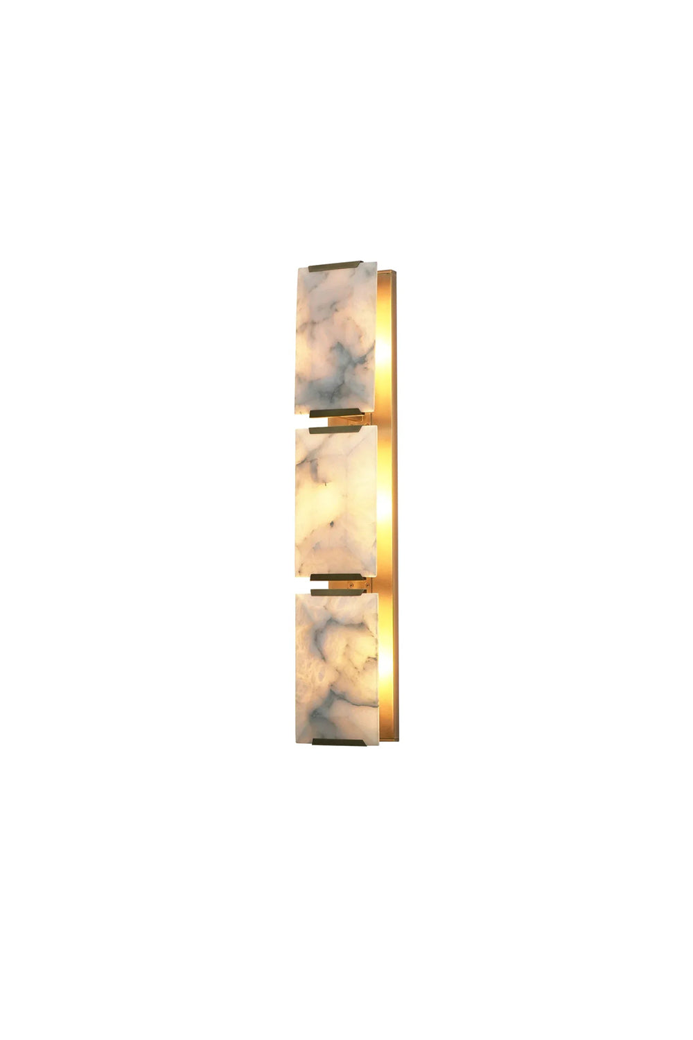 Lit 3-panel rectangular alabaster wall lamp with brass accents | Brass, Alabaster | Front view isolated on white background | Samu Lamp