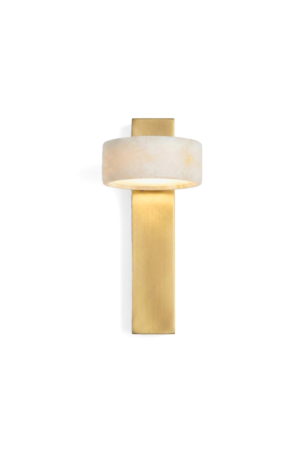 Alaric Alabaster Bar Wall Sconce | Natural Alabaster and Brass | Full front studio shot on a clean white background showing the vertical rectangular metal bar and illuminated circular stone cuff | Samu Lamp