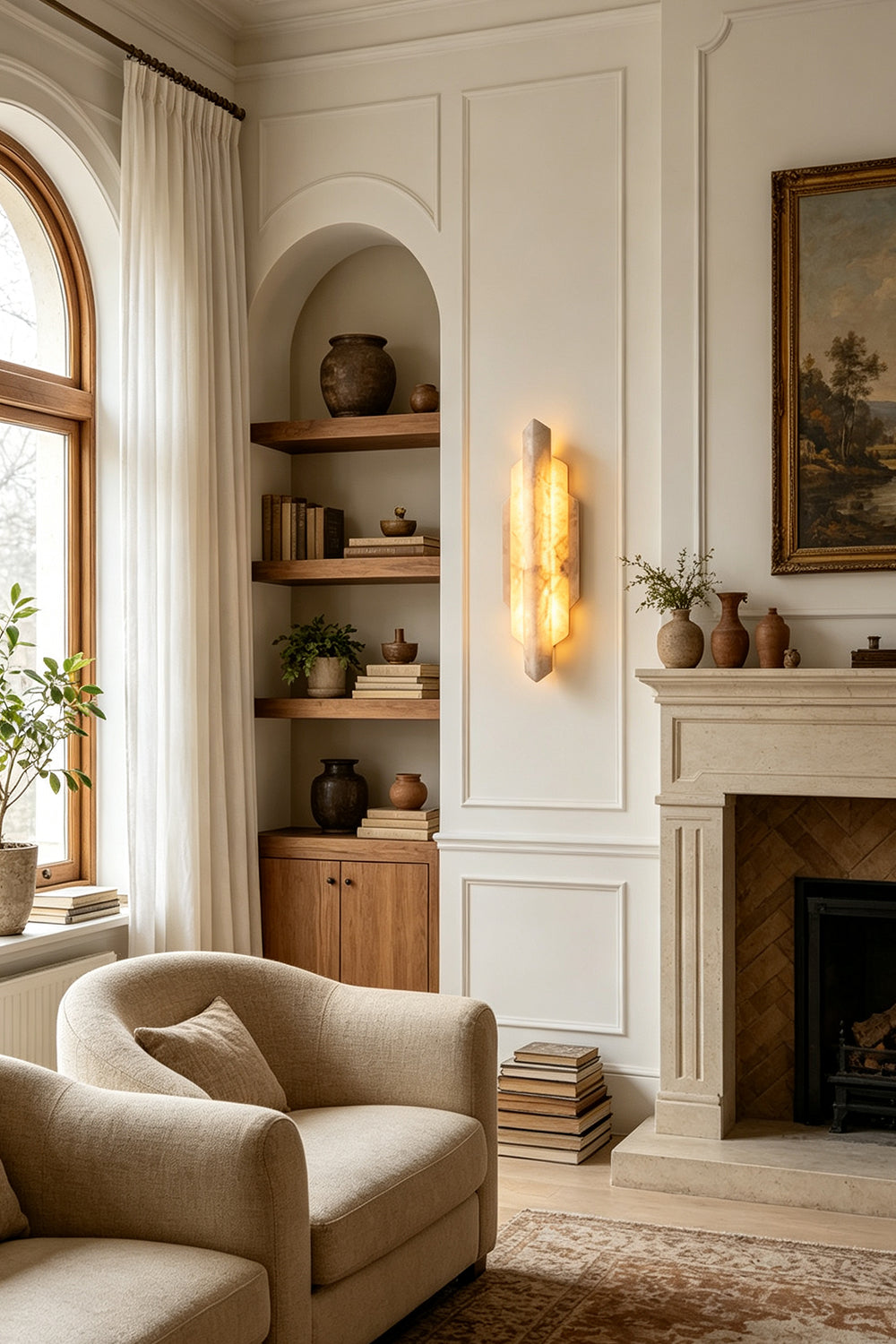 Alaric Tiered Alabaster Wall Sconce | Natural Alabaster and Metal | Adding a warm ambient glow to a living room wall near a fireplace mantle and a cozy armchair | Samu Lamp