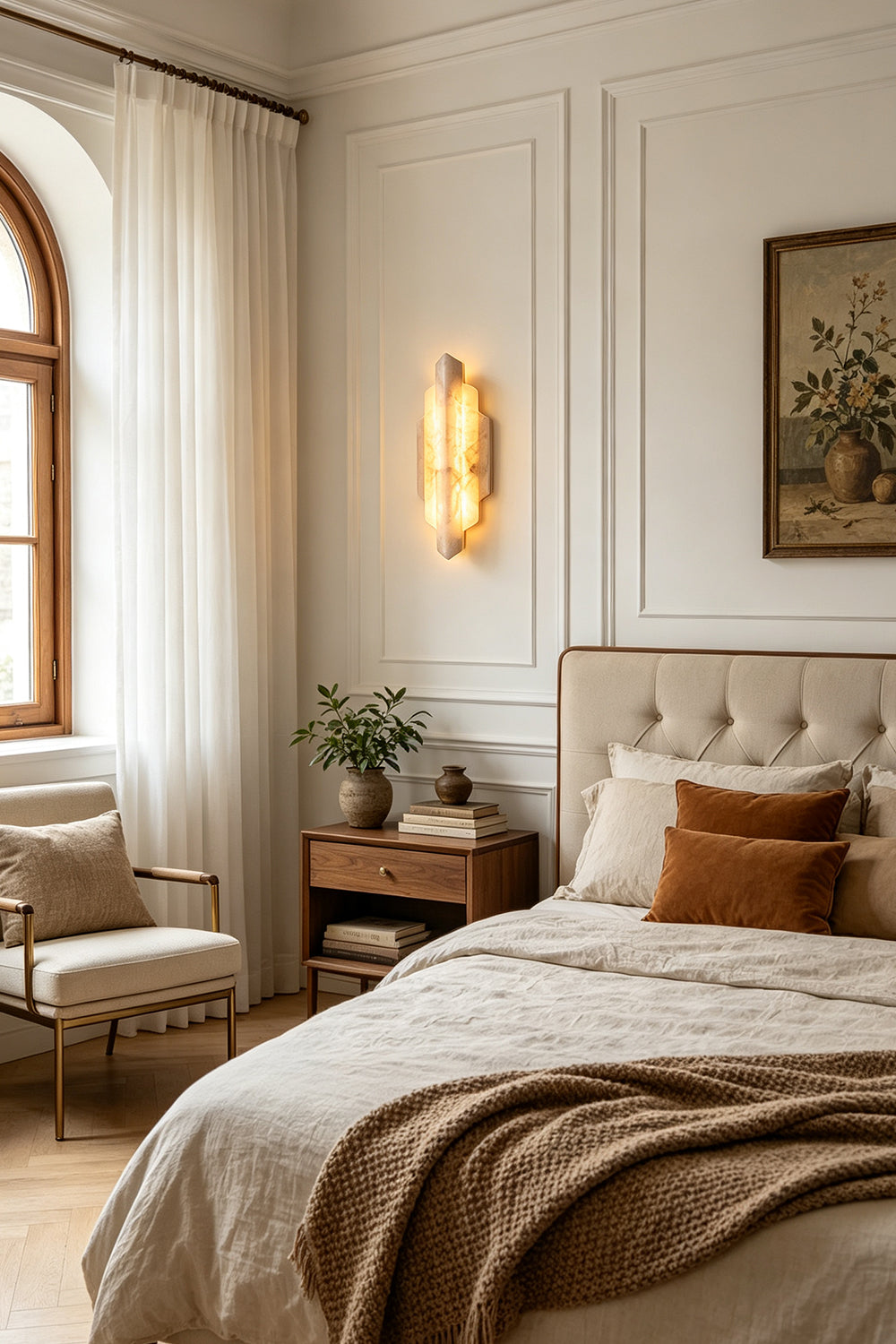 Alaric Tiered Alabaster Wall Sconce | Natural Alabaster and Metal | Mounted on a wall next to a cozy bed with brown linens and a wooden nightstand in a warm bedroom | Samu Lamp