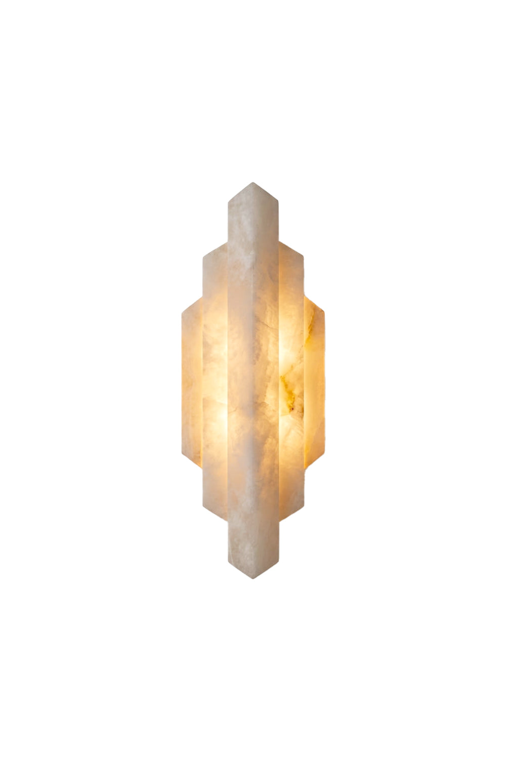 Alaric Tiered Alabaster Wall Sconce | Natural Alabaster and Metal | Isolated product shot on a clean white background with the tiered geometric stone fixture fully illuminated | Samu Lamp