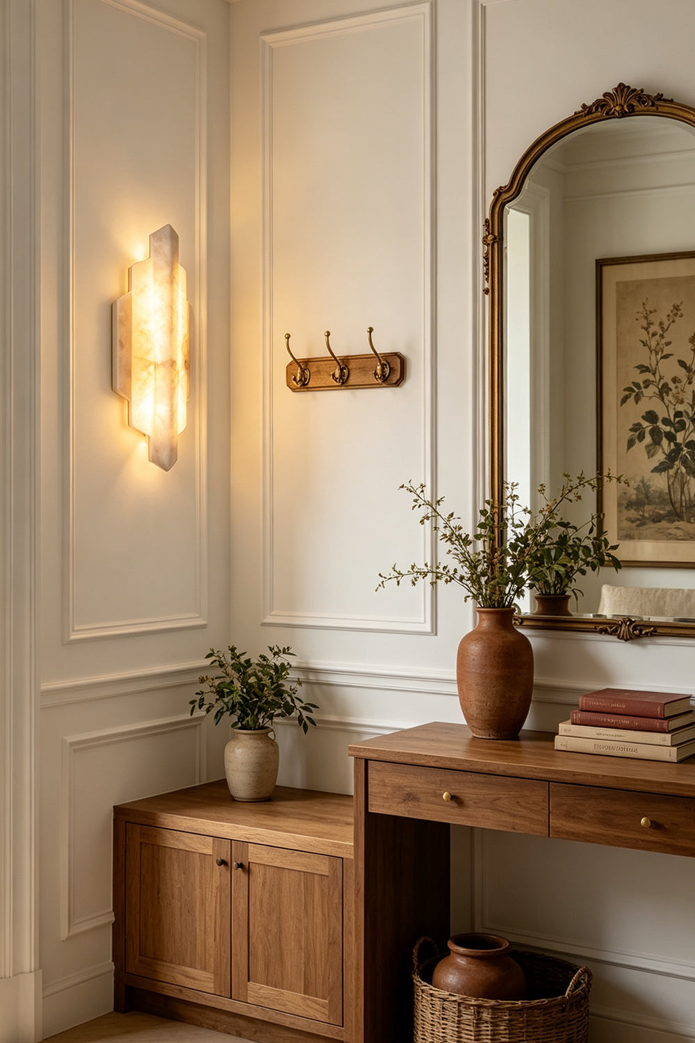 Alaric Tiered Alabaster Wall Sconce | Natural Alabaster and Metal | Styled on a wall in a dressing room beside a wooden vanity table and an elegant arched mirror | Samu Lamp