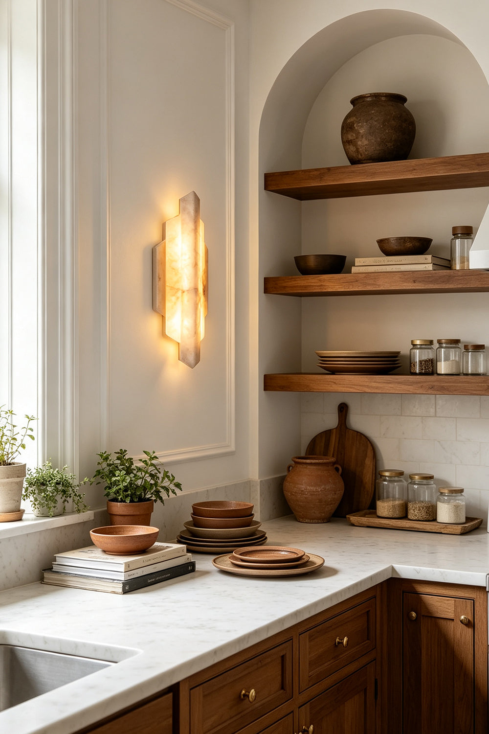Alaric Tiered Alabaster Wall Sconce | Natural Alabaster and Metal | Placed on a white wall in a rustic kitchen above wooden counters and shelves filled with pottery | Samu Lamp