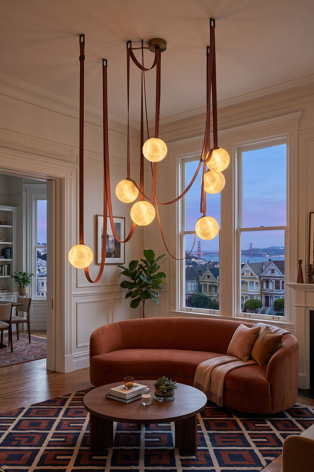 Albiane Draped Chandelier | Alabaster and Woven Rope | Suspended in a modern high-ceiling living room with sofa | Samu Lamp