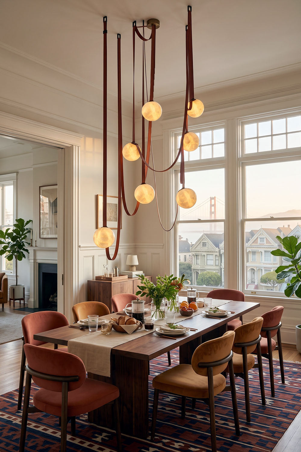Albiane Draped Chandelier | Alabaster and Woven Rope | Hung over long wooden dining table in bright dining room | Samu Lamp