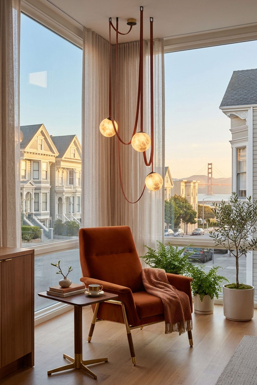 Albiane Draped Chandelier | Alabaster and Woven Rope | Lit in a cozy corner lounge with terracotta armchair | Samu Lamp
