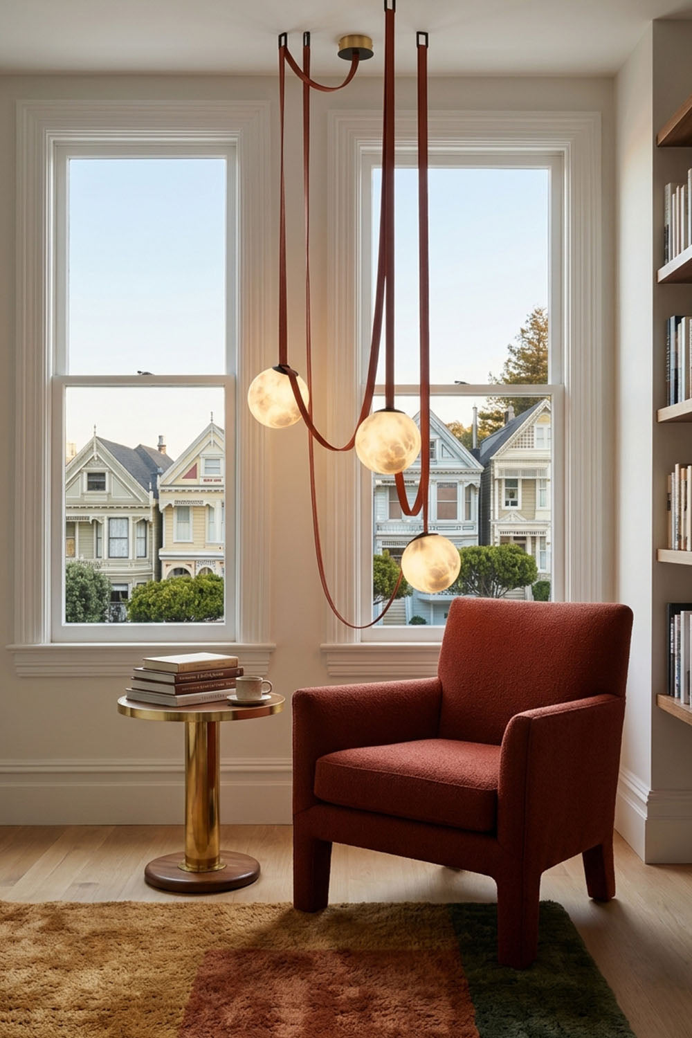 Albiane Draped Chandelier | Alabaster and Woven Rope | Installed beside red armchair in sunlit corner nook | Samu Lamp