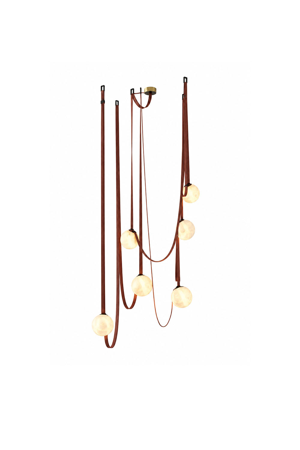 Albiane Draped Chandelier | Alabaster and Woven Rope | Full cascading view illuminated on pure white backdrop | Samu Lamp