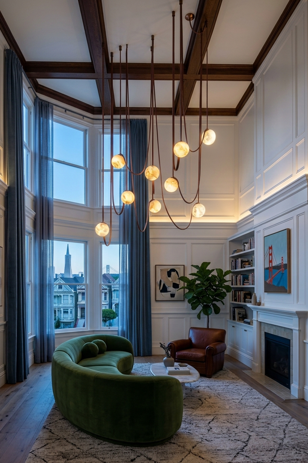 Albiane Draped Chandelier | Alabaster and Woven Rope | Suspended in a grand living room with timber beam ceiling | Samu Lamp