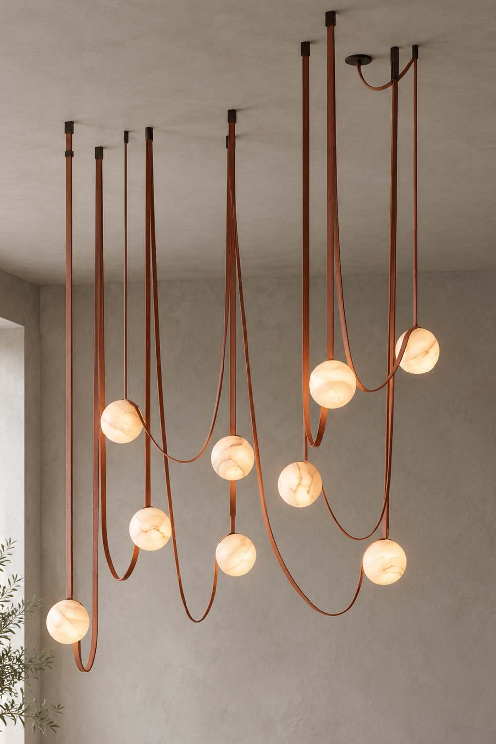 Albiane Draped Chandelier | Alabaster and Woven Rope | Wide multi-light canopy draped across ceiling in room | Samu Lamp