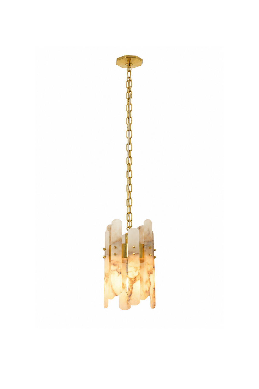 Albrenne Alabaster Mini Pendant | Natural Stone and Brass | Full view illuminated on pure white background | Samu Lamp