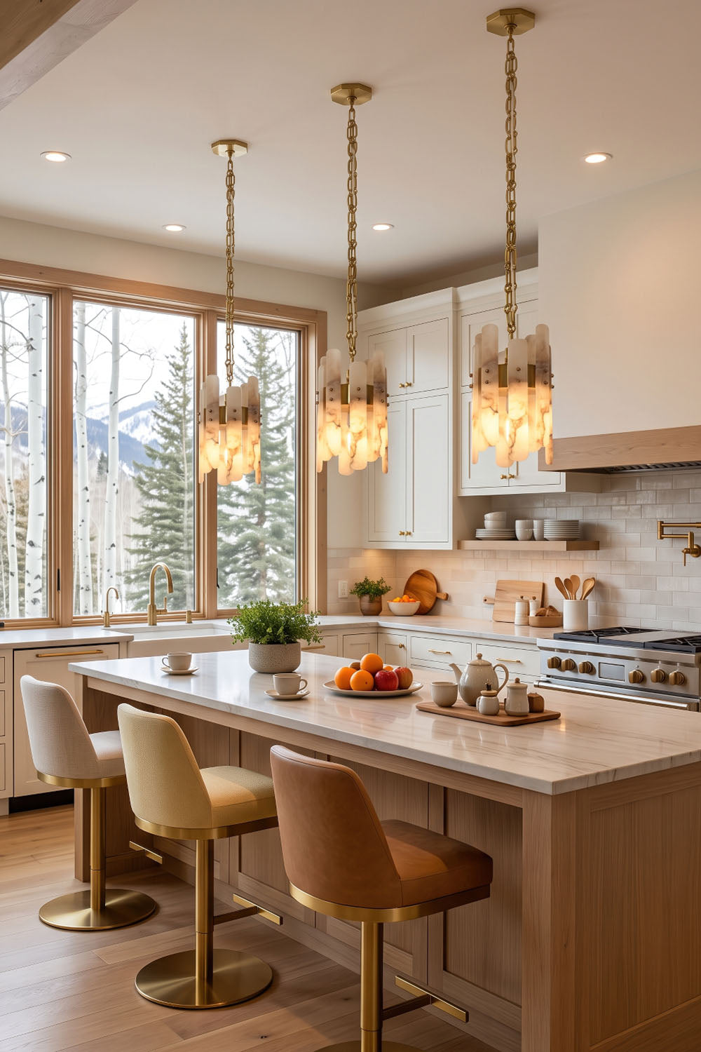 Albrenne Alabaster Mini Pendant | Natural Stone and Brass | Trio suspended over kitchen island with large windows | Samu Lamp