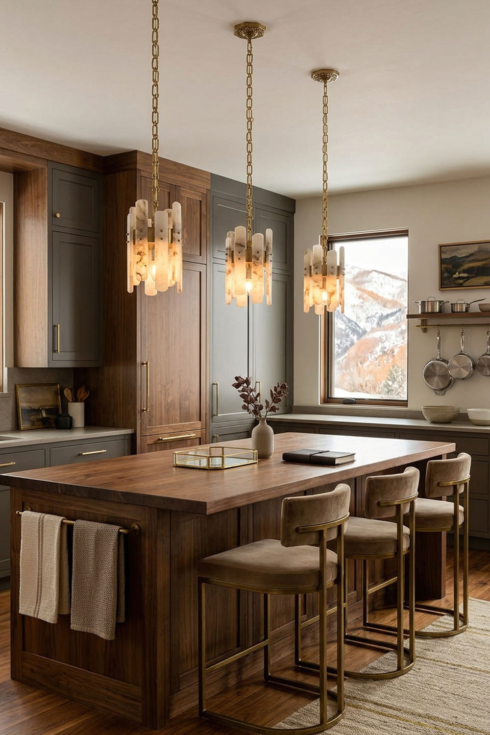 Albrenne Alabaster Mini Pendant | Natural Stone and Brass | Hanging over round dining table in wood-paneled room | Samu Lamp