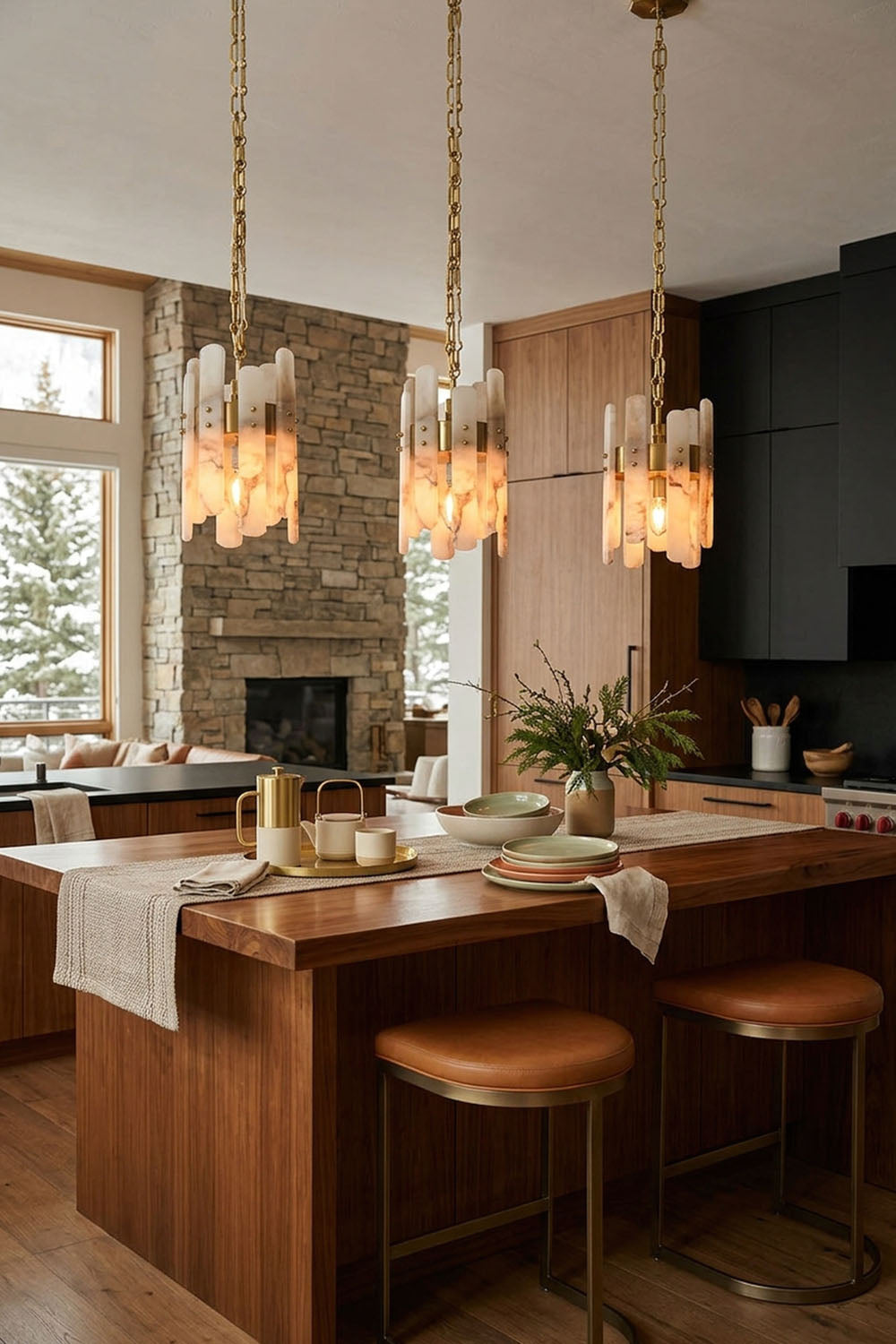 Albrenne Alabaster Mini Pendant | Natural Stone and Brass | Row of pendants over wood island with stone fireplace | Samu Lamp