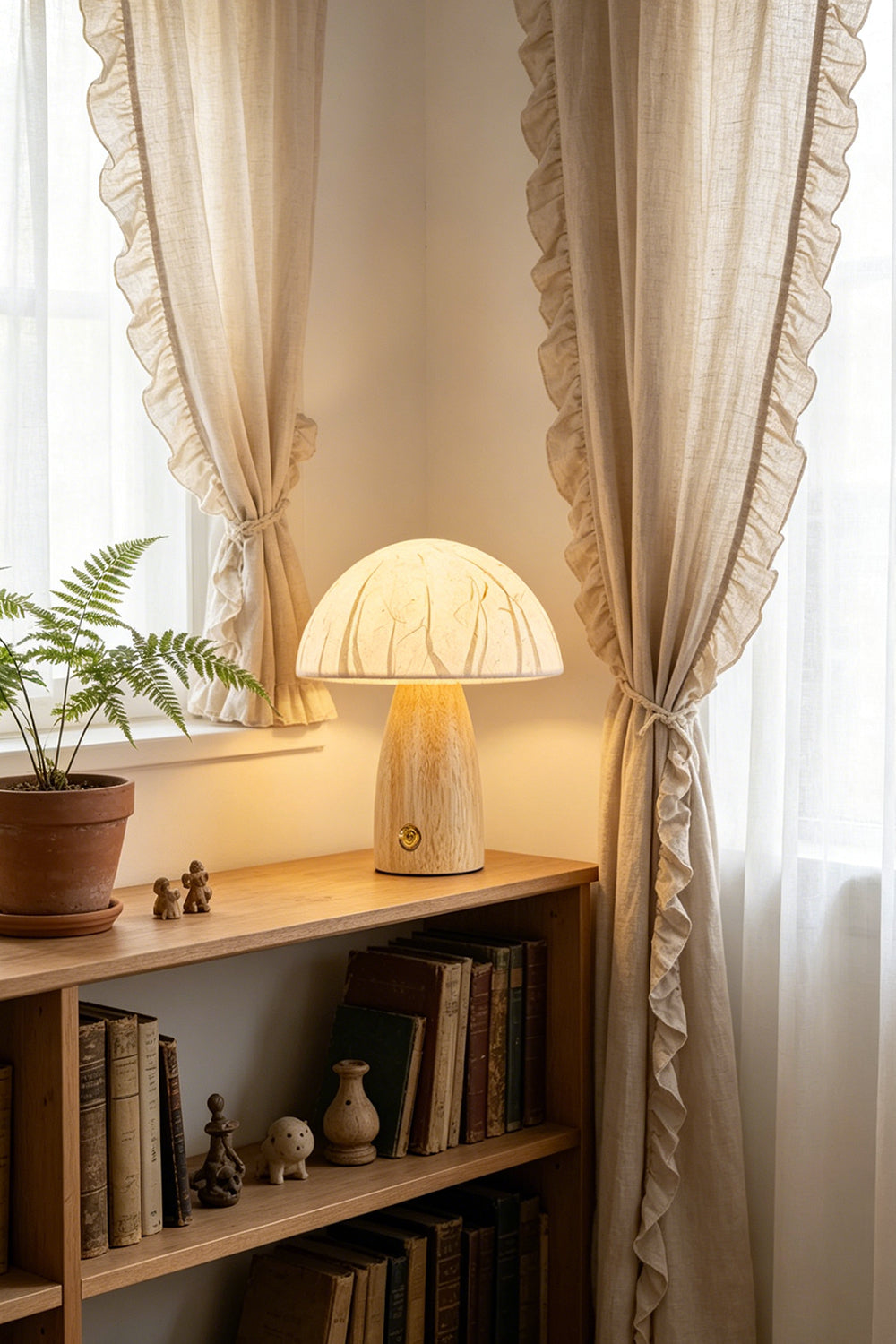 Alice Mushroom Table Lamp | Wood, Glass | Standing on a light wooden display shelf near a window with elegant sheer lace curtains | Samu Lamp