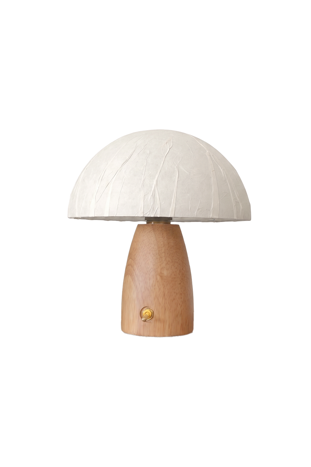Alice Mushroom Table Lamp | Wood, Glass | Minimalist mushroom-shaped table lamp featuring a textured white dome lampshade and a tapered smooth natural wood base | Isolated lit product shot on white background | Samu Lamp