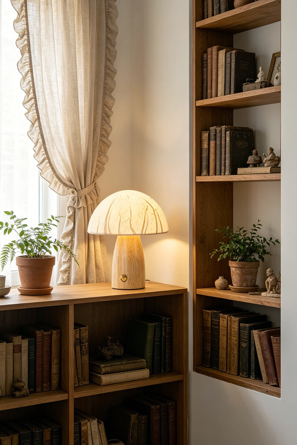 Alice Mushroom Table Lamp | Wood, Glass | Illuminating a cozy reading corner from a wooden shelf surrounded by books and small indoor plants | Samu Lamp