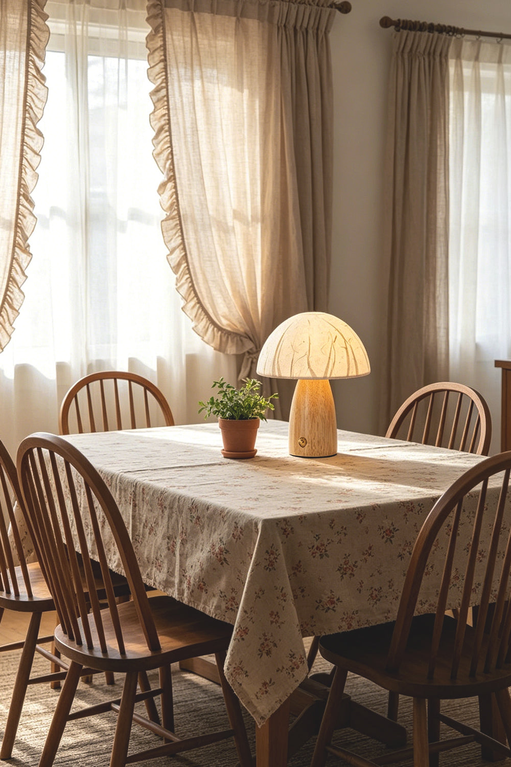 Alice Mushroom Table Lamp | Wood, Glass | Serving as a charming accent on a rustic wooden dining table decorated with a checkered tablecloth | Samu Lamp