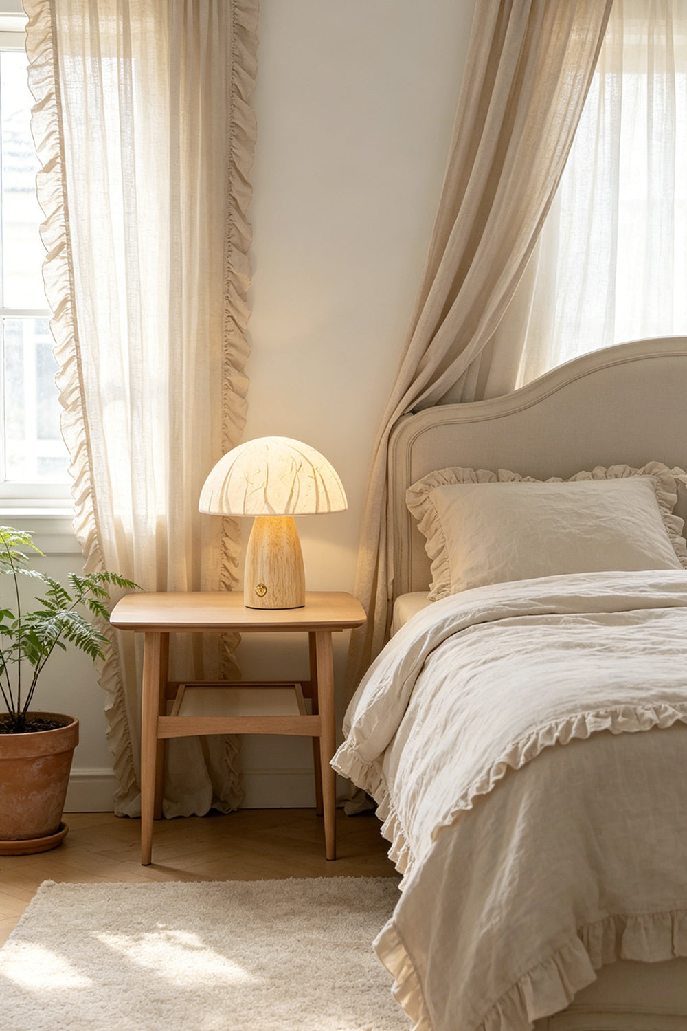 Alice Mushroom Table Lamp | Wood, Glass | Placed as a cozy bedside nightlight on a light wood nightstand in a soft cream-toned bedroom | Samu Lamp