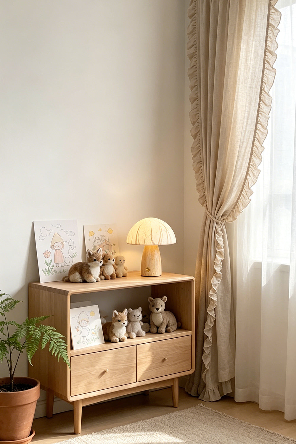 Alice Mushroom Table Lamp | Wood, Glass | Styled on a low wooden console cabinet next to a sunlit window with a green potted plant nearby | Samu Lamp