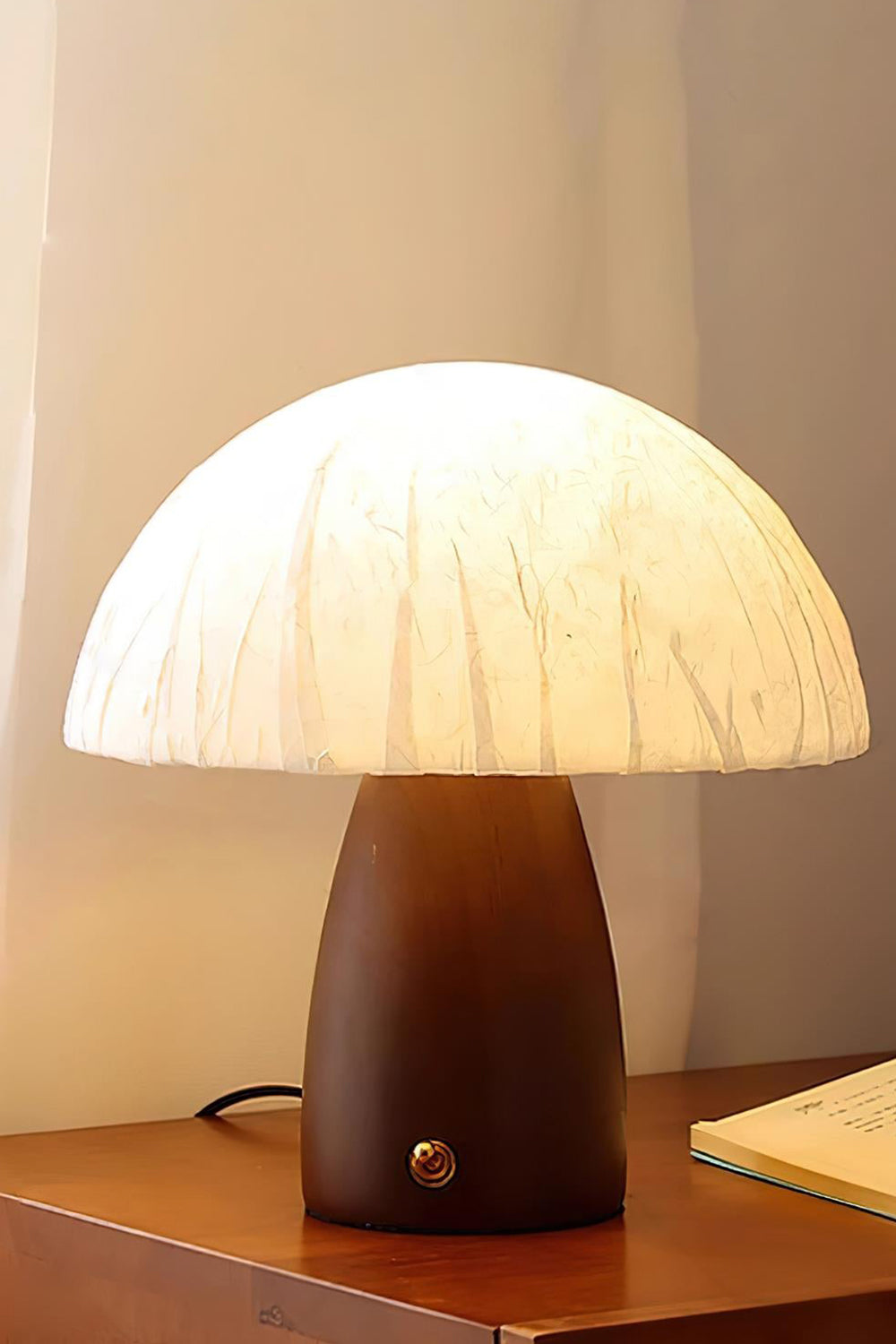 Alice Mushroom Table Lamp | Wood, Glass | An alternate variant featuring a rich dark walnut wood base fully lit, emitting a warm comforting glow | Samu Lamp