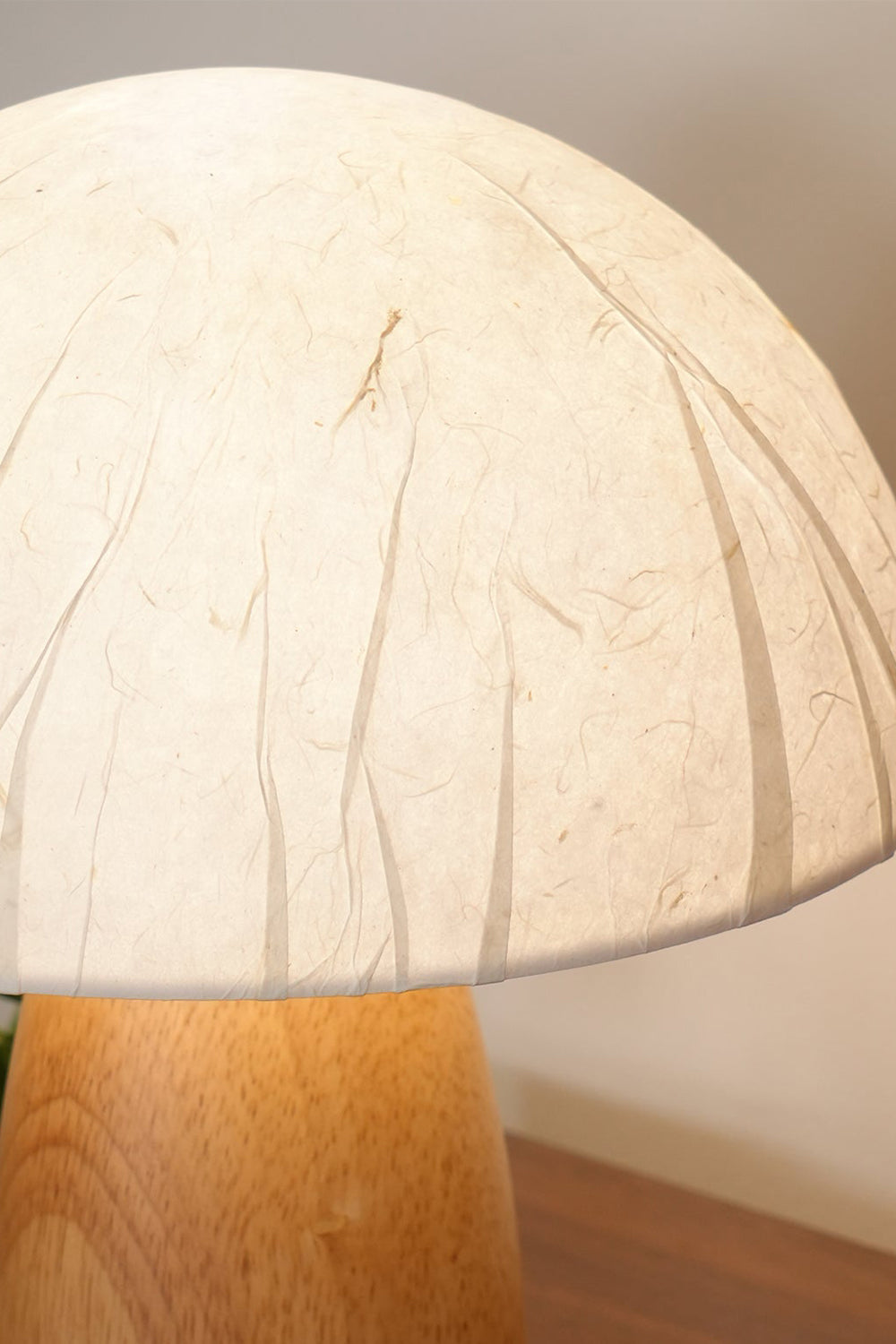Alice Mushroom Table Lamp | Wood, Glass | Macro close-up focus on the illuminated white dome lampshade highlighting its natural crinkled texture | Detail shot | Samu Lamp