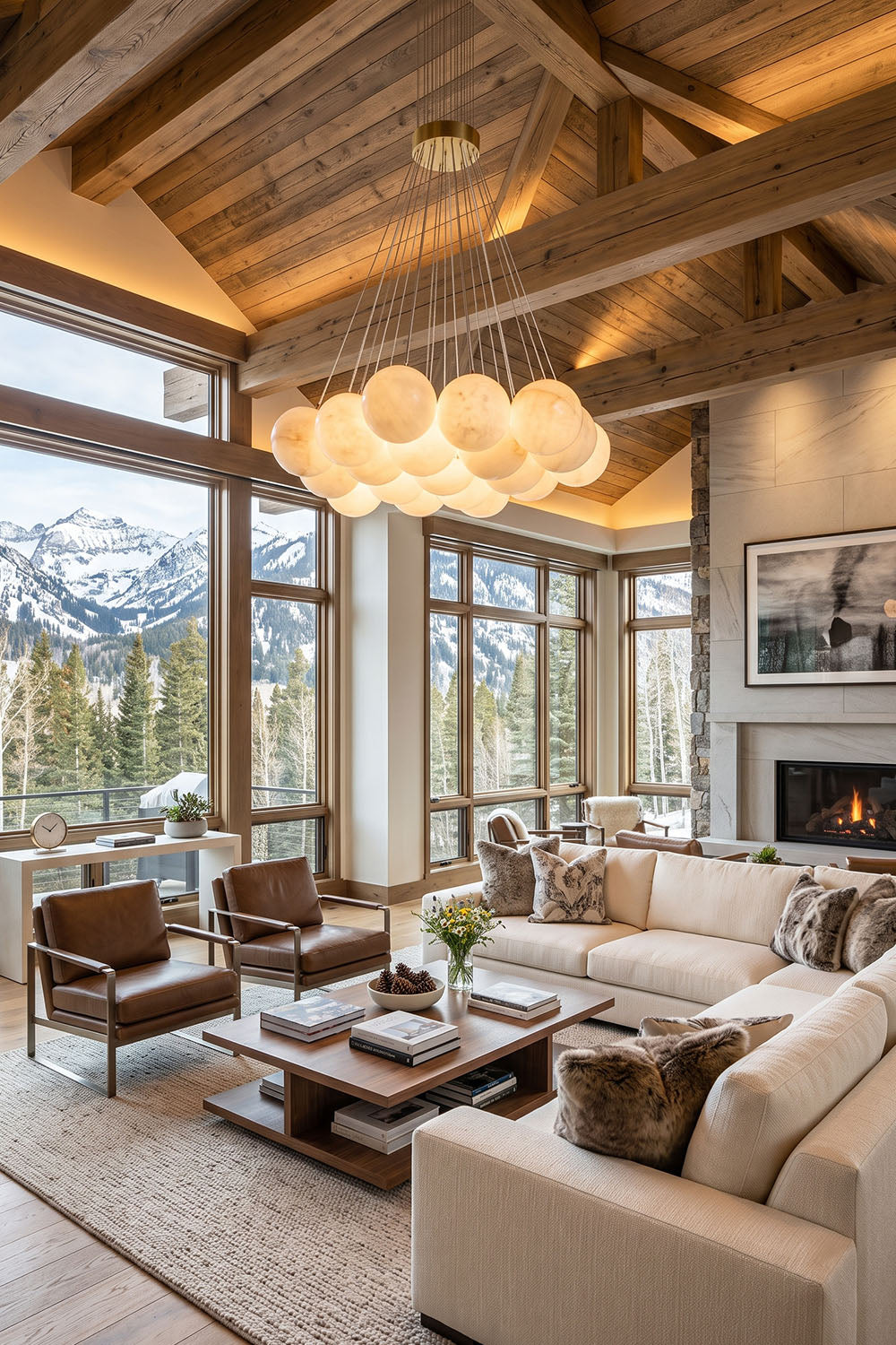 Amandine Alabaster Globe Cluster Pendant Light in a stylish mountain retreat living room with wooden beams and large windows.
