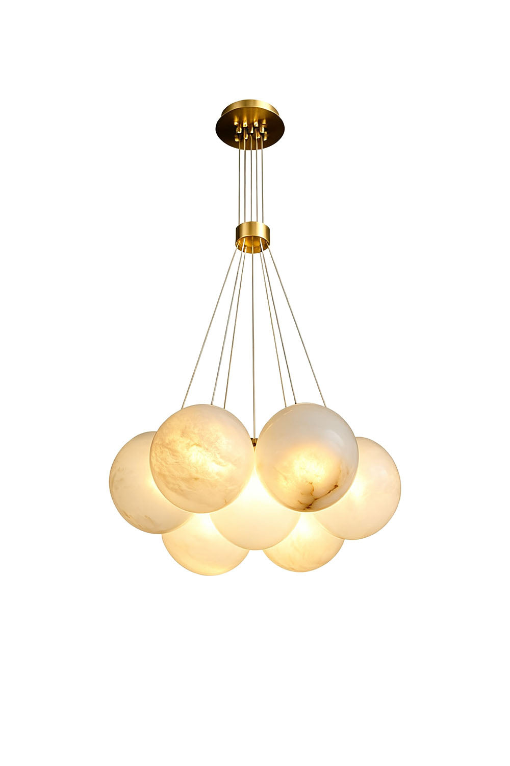 Amandine Alabaster Globe Cluster Pendant Light featuring a cluster of alabaster globes with a gold ceiling mount.