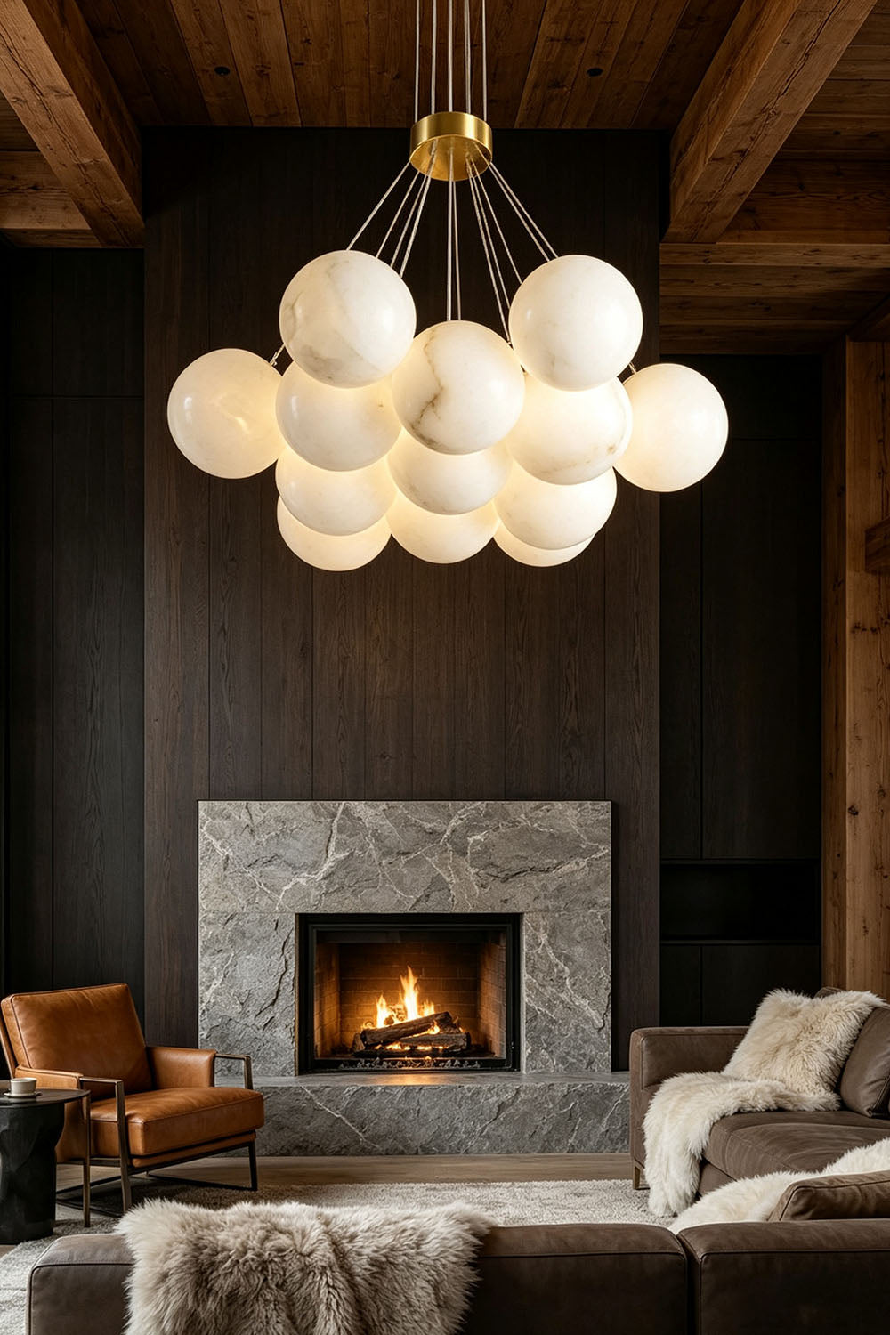 Amandine Alabaster Globe Cluster Pendant Light hanging above a cozy living room with fireplace and stylish decor.
