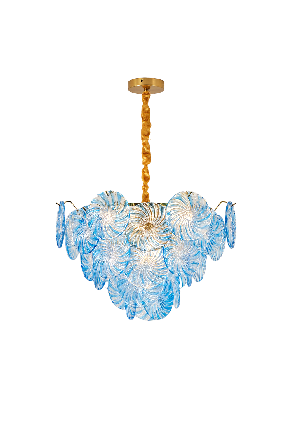 Amara Pink Glass Petal Chandelier | Textured Murano Glass, Gold | Isolated lit view of the luxury blue glass petal variation featuring rows of overlapping textured sea-blue glass petals on a gold frame | White background | Samu Lamp