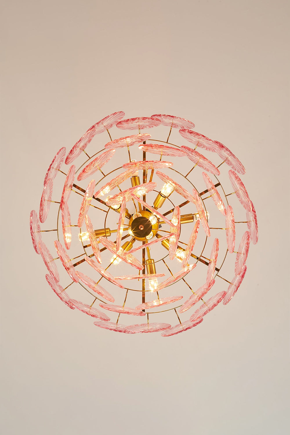 Amara Pink Glass Petal Chandelier | Bottom-Up View | Direct bottom-up view of the pink variation showcasing the internal multi-arm gold metal structure and radial petal layout | Samu Lamp