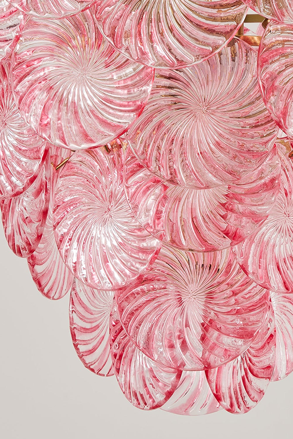 Amara Pink Glass Petal Chandelier | Pink Glass Detail | Close-up focus highlighting the rich swirled textures and translucent edges of the layered hand-crafted pink glass petals | Detail shot | Samu Lamp
