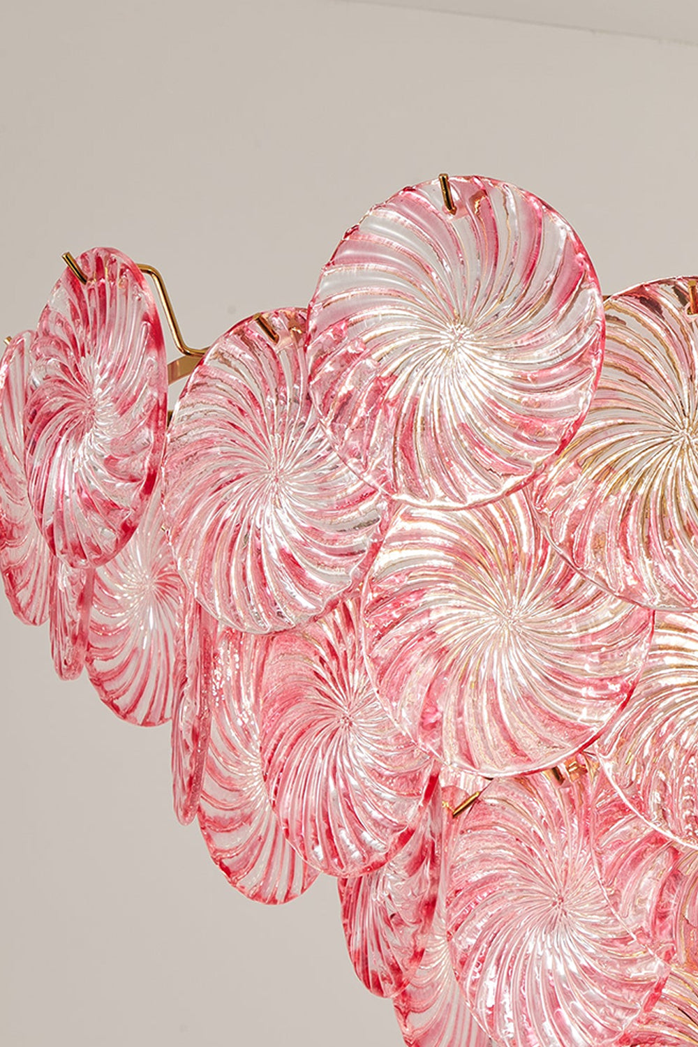 Amara Pink Glass Petal Chandelier | Side Profile View | Close-up side perspective of the pink glass petal layers showing their elegant curved silhouette against a light background | Samu Lamp