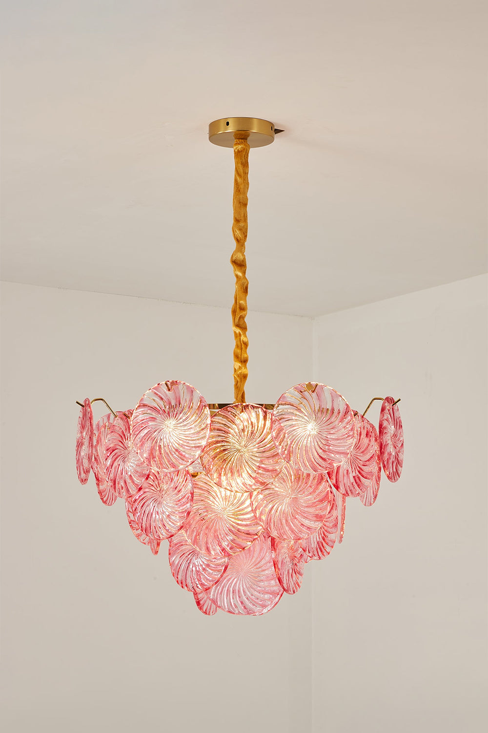 Amara Pink Glass Petal Chandelier | Pink Studio View | Studio view of the fully lit pink glass petal chandelier variant radiating a magnificent warm golden-pink halo | Samu Lamp