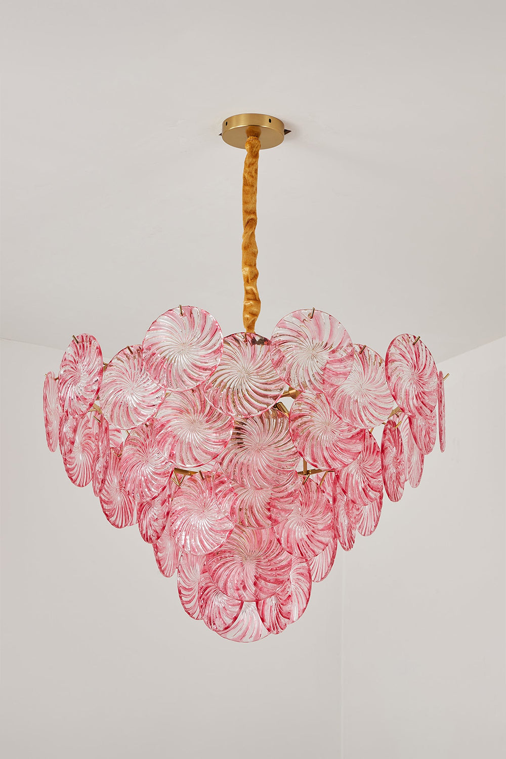 Amara Pink Glass Petal Chandelier | Unlit Pink Variation | Front studio view of the pink glass petal chandelier variant showing its soft pastel tones against a clean light grey wall | Samu Lamp