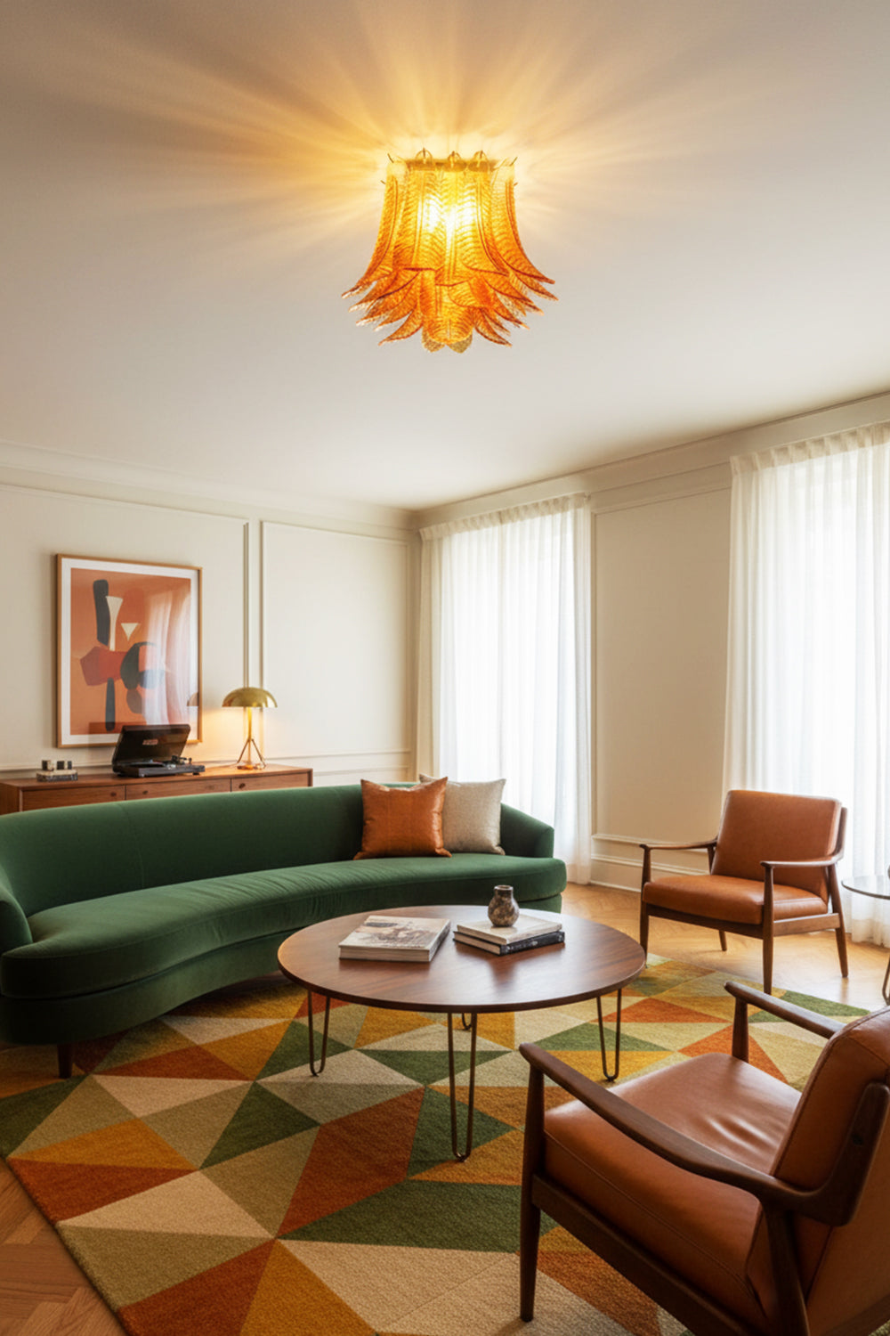 Amber Fern-Leaf Murano Glass Ceiling Light