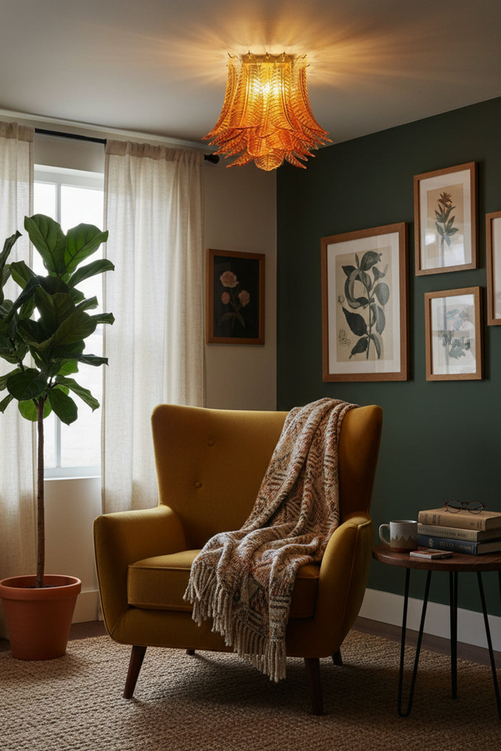 Amber Fern-Leaf Murano Glass Ceiling Light