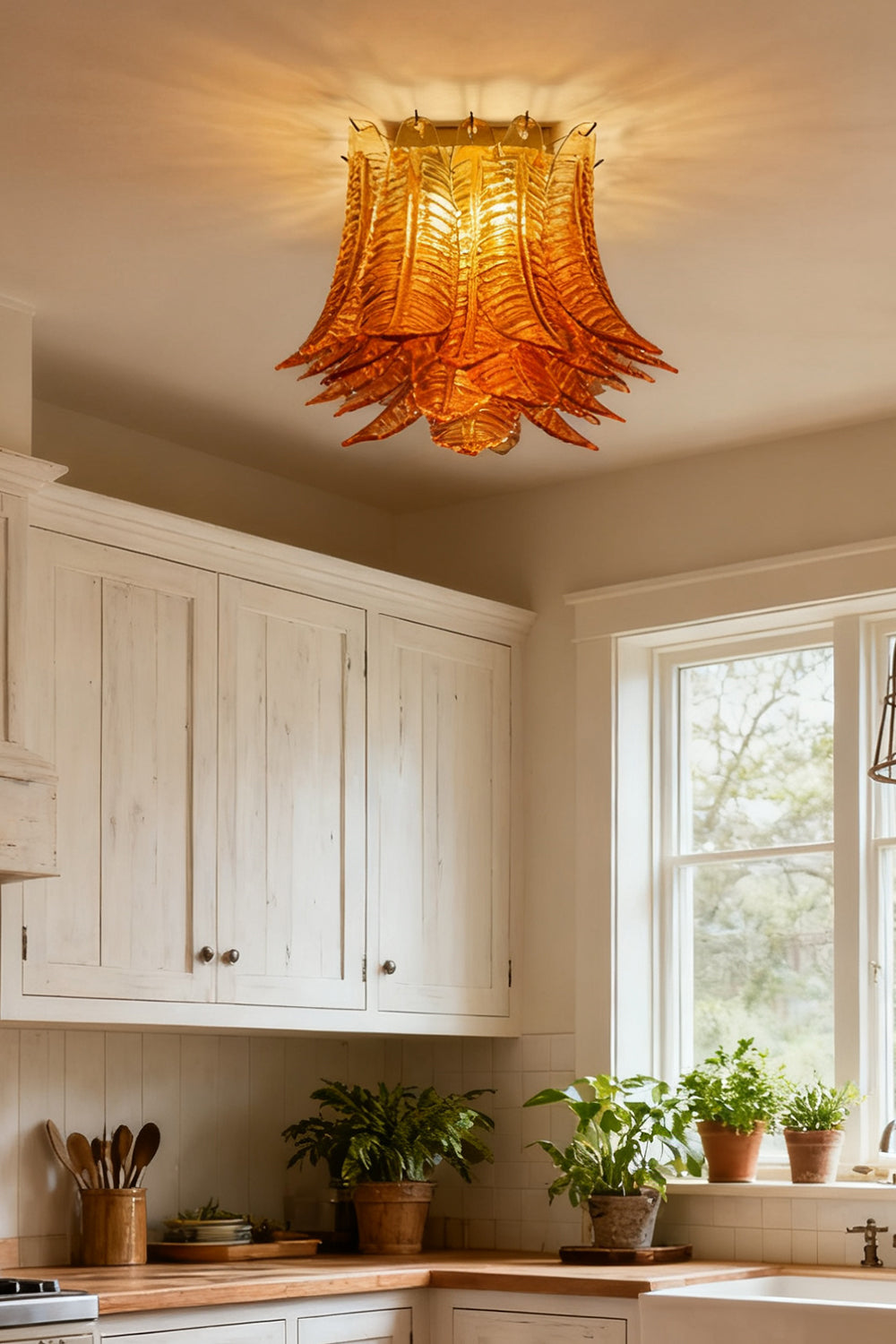 Amber Fern-Leaf Murano Glass Ceiling Light