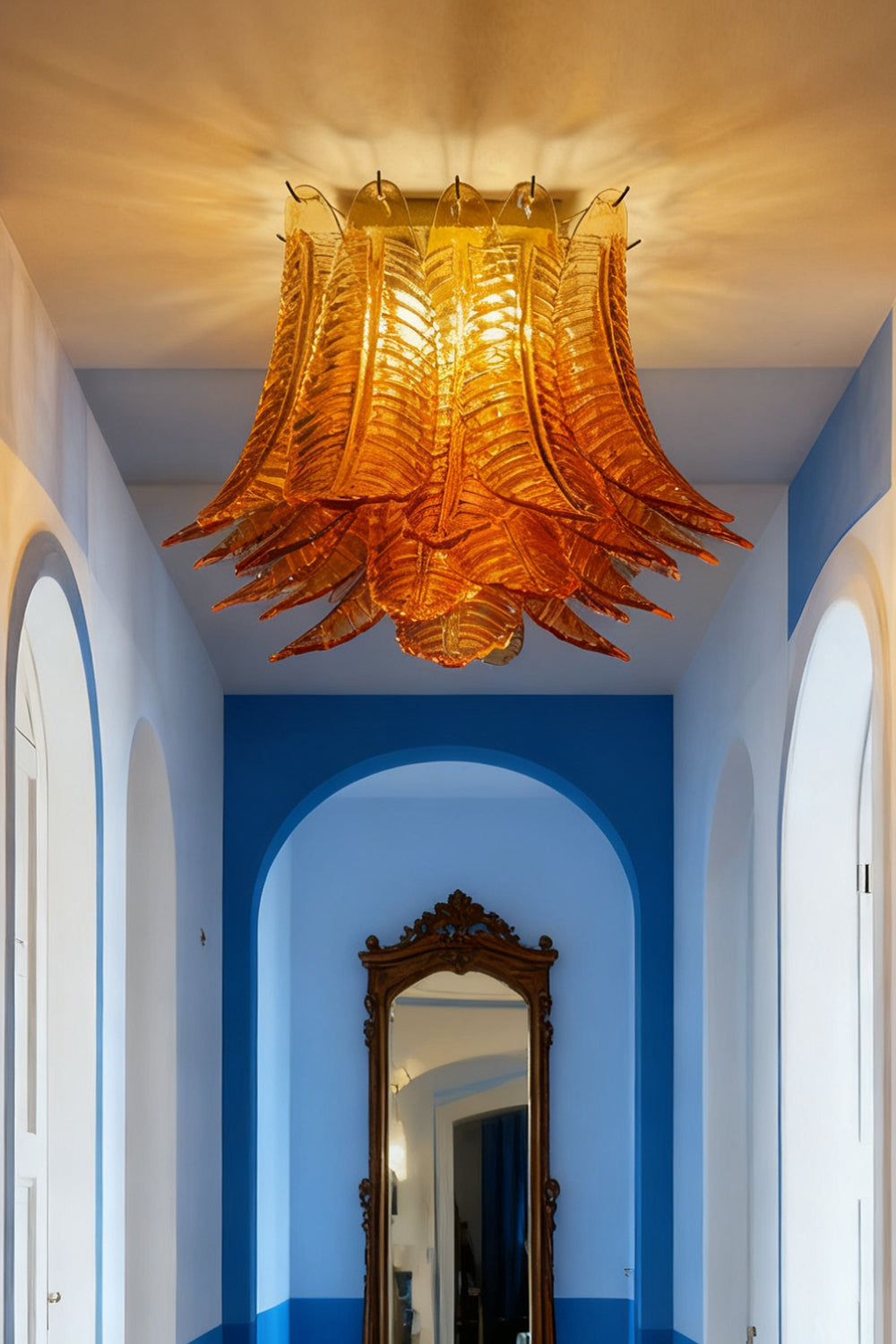Amber Fern-Leaf Murano Glass Ceiling Light