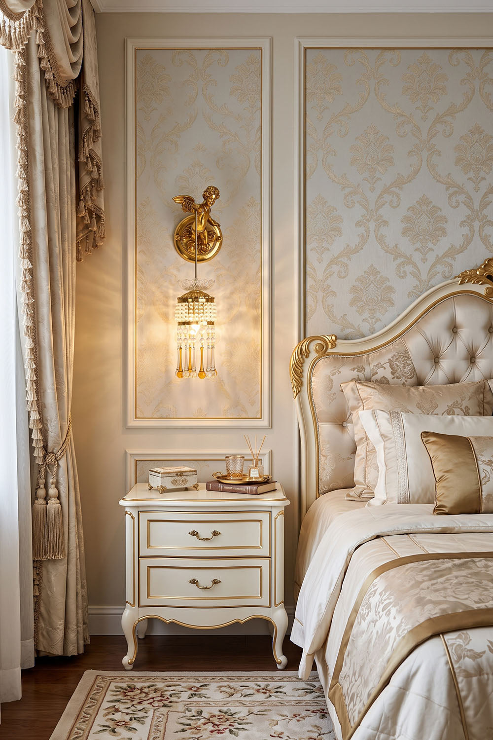 Ambrelise Cherub Wall Sconce | Brass and Faceted Crystal | Wall-mounted beside a classic tufted bed in bedroom | Samu Lamp