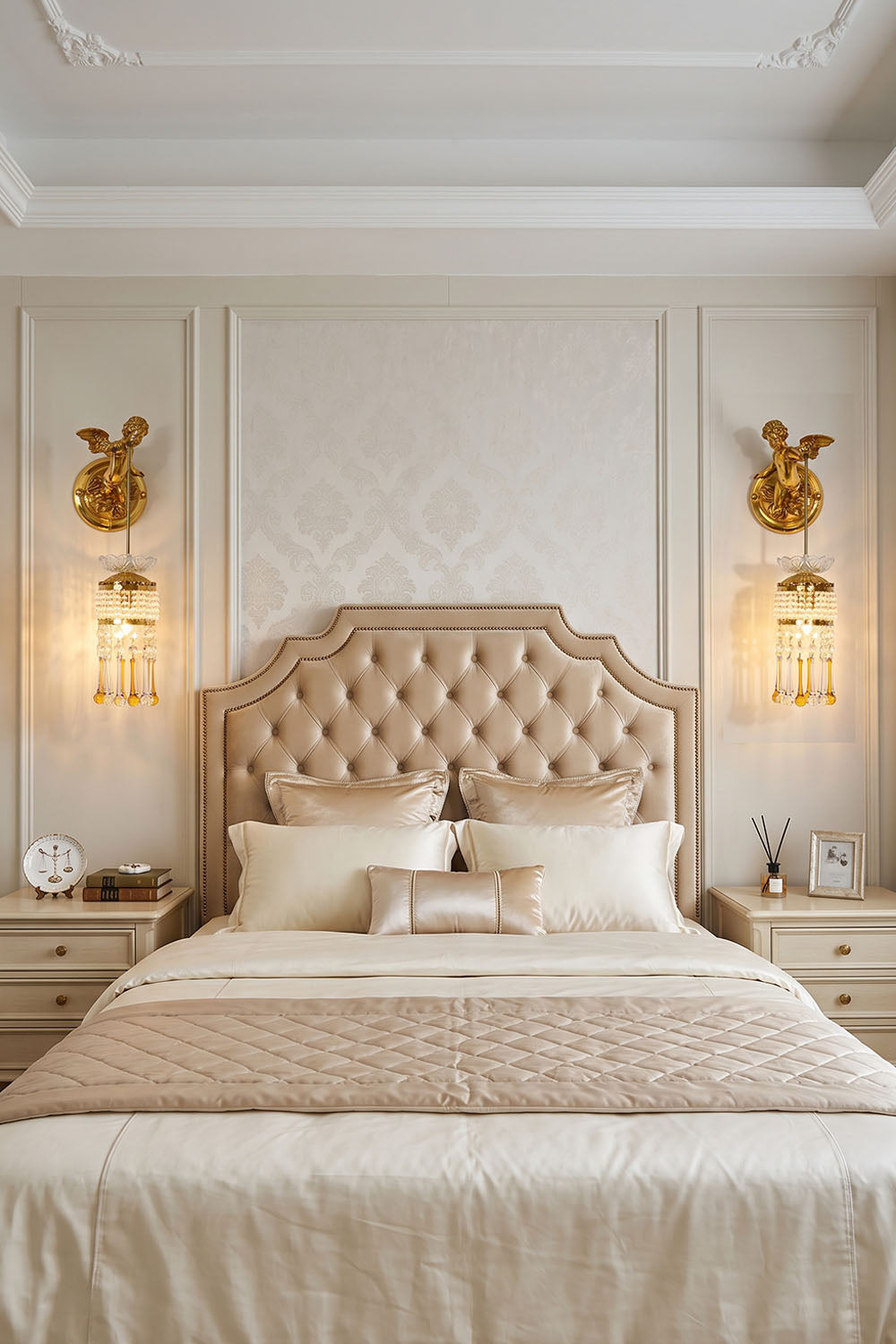 Ambrelise Cherub Wall Sconce | Brass and Faceted Crystal | Symmetrical bedside lighting in a neutral chic bedroom | Samu Lamp